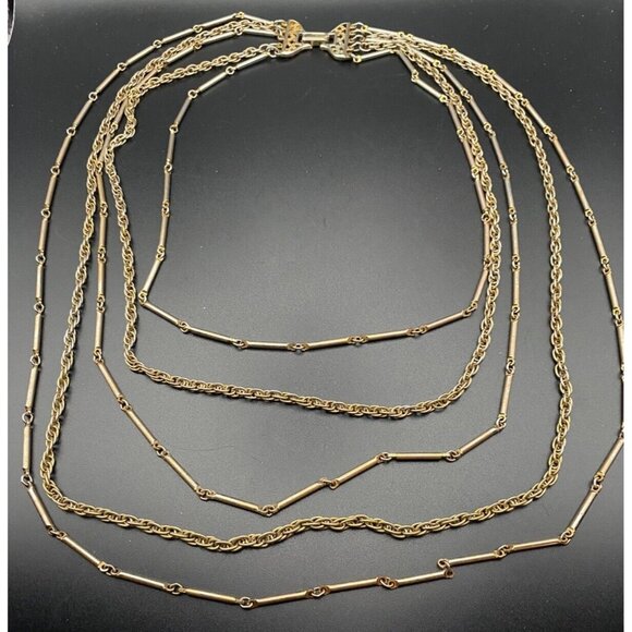 Vtg 50's-60's Chain Necklace Layered Bar Link Rope Yellow Gold Tone 5 Strand 31" - Picture 3 of 6